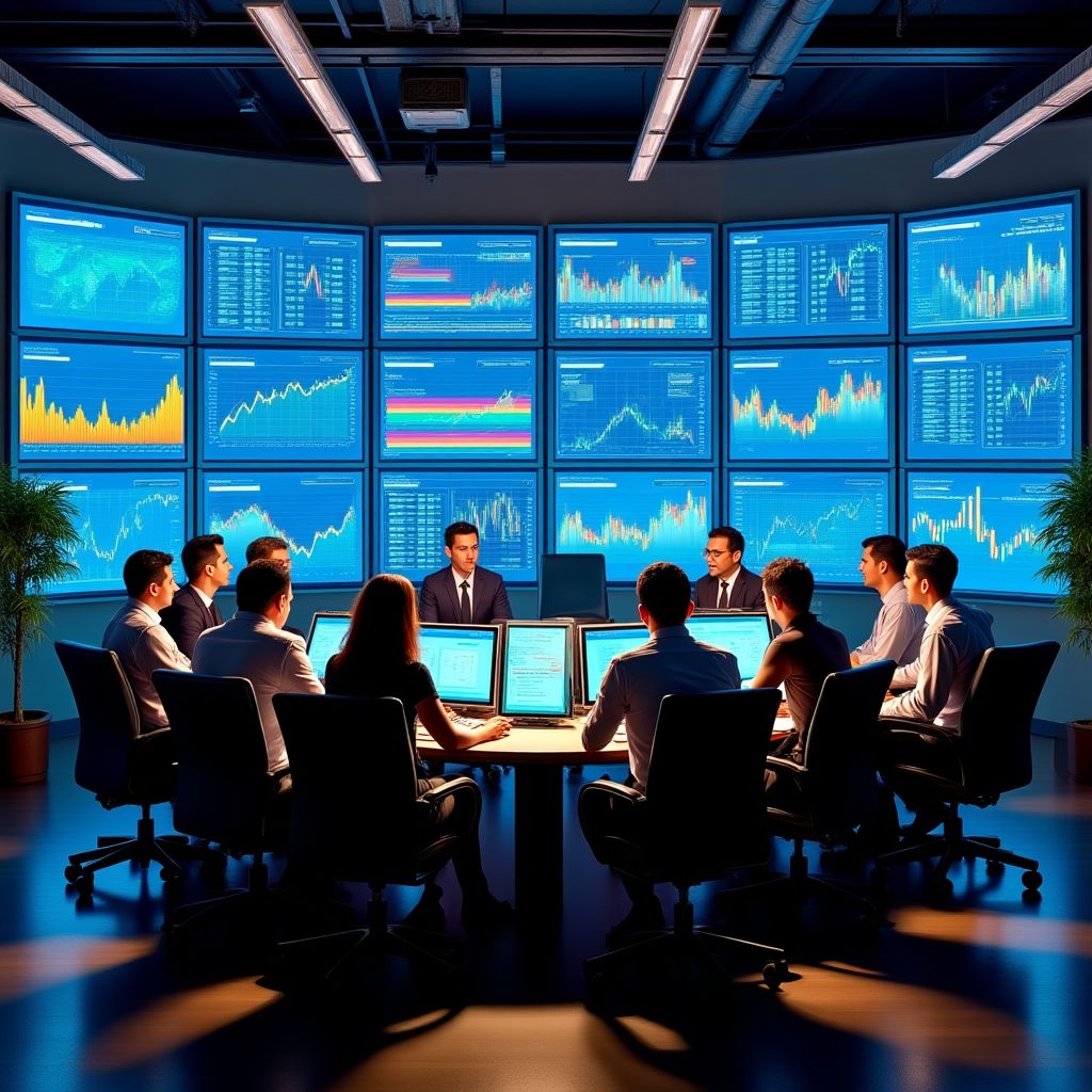 Equipo de MonedaARG en oficinas modernas analizando datos económicos